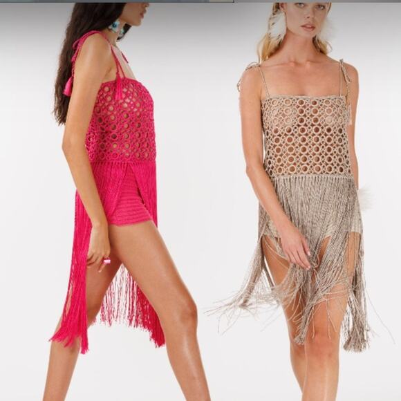My Beachy Side Biscotti Crochet Fringed Knee Length Dress Small Fuchsia Pink - Picture 1 of 8